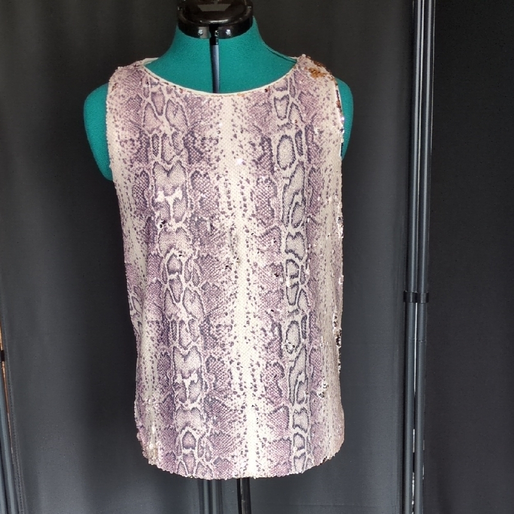 INC Purple Snake Print Silver Sleeveless Motion Sequined Top NWT